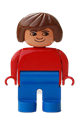 Duplo Figure, Female, Blue Legs, Red Top, Brown Hair, Eyelashes, Smile with Lips - 4555pb146