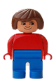 Female Duplo figure with blue legs, red top, brown hair, eyelashes, and smiling with lips - 4555pb146