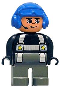 Duplo Male Police - Male police Duplo figure with dark gray legs, black top with silver harness and yellow stars, headset, and blue aviator helmet - 4555pb147