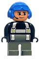 Male police Duplo figure with dark gray legs, black top with silver harness and yellow stars, headset, and blue aviator helmet - 4555pb147