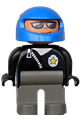 Duplo Figure, Male Police, Dark Gray Legs, Black Top Zippered Jacket and Police Badge, Blue Helmet - 4555pb148