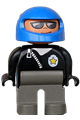 Male Duplo figure dressed as a police officer with dark gray legs, a black top zippered jacket, and a blue helmet - 4555pb148
