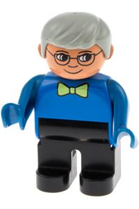 Duplo Figure, Male, Black Legs, Blue Top with Green Bow Tie, Gray Hair, Glasses 4555pb149