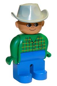 Duplo Figure, Male, Blue Legs, Green Top with Pocket, Light Gray Cowboy Hat 4555pb150