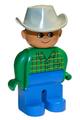 Duplo Figure, Male, Blue Legs, Green Top with Pocket, Light Gray Cowboy Hat - 4555pb150