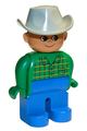 Male Duplo figure with blue legs, wearing a green top with a pocket and a light gray cowboy hat - 4555pb150