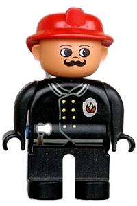 Duplo Figure, Male Fireman, Black Legs, Black Top with Flame Logo, Red Fire Helmet, Moustache 4555pb151