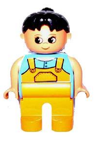 Duplo Female - Female Duplo figure with black hair, wearing medium blue top with overalls and medium orange legs - 4555pb152