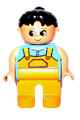 Female Duplo figure with black hair, wearing medium blue top with overalls and medium orange legs - 4555pb152