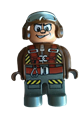 Male Duplo figure in brown top with parachute straps, dark gray legs, and a brown helmet with goggles - 4555pb153