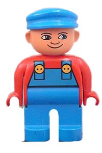 Duplo Figure, Male, Blue Legs, Red Top with Blue Overalls, Blue Cap, Turned Down Nose 4555pb155