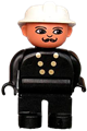 Duplo Figure, Male Fireman, Black Legs, Black Top with 6 Yellow Buttons, White Fire Helmet, Moustache - 4555pb156