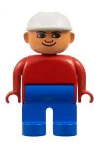 Duplo Male - Male Duplo figure wearing blue legs, a red top, and a white construction hat - 4555pb159