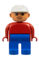 Male Duplo figure wearing blue legs, a red top, and a white construction hat - 4555pb159