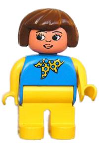 Duplo Figure, Female, Yellow Legs, Blue Top with Yellow and Blue Polka Dot Scarf, Yellow Arms, Fabuland Brown Hair 4555pb160