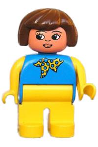 Duplo Female - Female Duplo figure with yellow legs, blue top, yellow and blue polka dot scarf, yellow arms, and Fabuland brown hair - 4555pb160