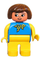 Female Duplo figure with yellow legs, blue top, yellow and blue polka dot scarf, yellow arms, and Fabuland brown hair - 4555pb160