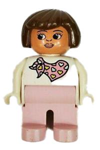 Duplo Female - Female Duplo figure with pink legs, wearing a white top with a pink scarf with hearts pattern and brown hair - 4555pb163