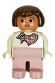 Female Duplo figure with pink legs, wearing a white top with a pink scarf with hearts pattern and brown hair - 4555pb163