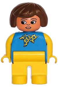 Duplo Figure, Female, Yellow Legs, Blue Top With Yellow and Blue Polka Dot Scarf, Yellow Arms, Brown Hair 4555pb165