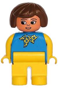 Duplo Female - Female Duplo figure with yellow legs, blue top with yellow and blue polka dot scarf, yellow arms, and brown hair - 4555pb165