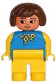Duplo Figure, Female, Yellow Legs, Blue Top With Yellow and Blue Polka Dot Scarf, Yellow Arms, Brown Hair - 4555pb165