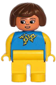 Female Duplo figure with yellow legs, blue top with yellow and blue polka dot scarf, yellow arms, and brown hair - 4555pb165
