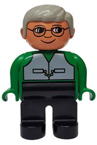 Duplo Figure, Male, Black Legs, Green Top with Vest, Gray Hair, Glasses 4555pb166