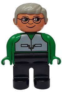 Duplo Figure, Male, Black Legs, Green Top with Vest, Gray Hair, Glasses 4555pb166