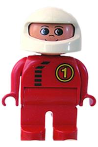 Duplo Male Race Car Driver - Male Duplo figure with red legs, wearing a red top with a black zipper and Racer #1, and a white helmet - 4555pb167