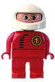 Duplo Figure, Male, Red Legs, Red Top with Black Zipper and Racer #1, White Helmet - 4555pb167