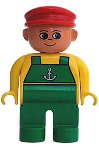 Duplo Figure, Male, Green Legs, Yellow Top with Green Overalls and Anchor, Red Cap 4555pb168