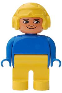 Duplo Figure, Male, Yellow Legs, Blue Top, Aviator Helmet Yellow 4555pb169