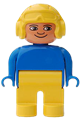 Male Duplo figure with yellow legs, wearing a blue top and an aviator helmet in yellow - 4555pb169