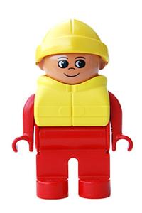 Duplo Figure, Male, Red Legs, Red Top, Life Jacket, Yellow Rain Hat 4555pb170