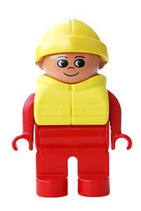 Duplo Male - Male Duplo figure with red legs and top, wearing a life jacket and a yellow rain hat - 4555pb170