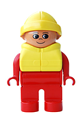 Male Duplo figure with red legs and top, wearing a life jacket and a yellow rain hat - 4555pb170