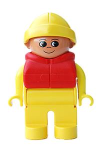 Duplo Male - Male Duplo figure with yellow legs and top, wearing a red life jacket and yellow rain hat - 4555pb171