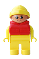 Male Duplo figure with yellow legs and top, wearing a red life jacket and yellow rain hat - 4555pb171