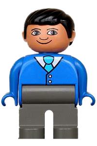 Duplo Figure, Male, Dark Gray Legs, Blue Top With 2 Buttons And Tie, Black Hair 4555pb172