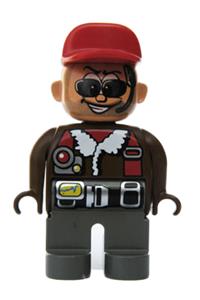 Duplo Male Action Wheeler - Action Wheeler male Duplo figure with dark gray legs, brown top with fleece jacket, black belt, red cap, sunglasses, and headphone - 4555pb173