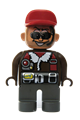Action Wheeler male Duplo figure with dark gray legs, brown top with fleece jacket, black belt, red cap, sunglasses, and headphone - 4555pb173