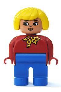 Duplo Female - Female Duplo figure with yellow hair, wearing a red top with yellow and red polka dot scarf, blue legs, and turned down nose - 4555pb174