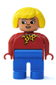 Duplo Figure, Female, Blue Legs, Red Top with Yellow and Red Polka Dot Scarf, Yellow Hair, Turned Down Nose - 4555pb174