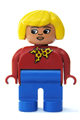 Female Duplo figure with yellow hair, wearing a red top with yellow and red polka dot scarf, blue legs, and turned down nose - 4555pb174