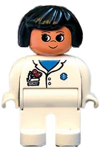 Duplo Female Medic - Female Duplo medic with white legs, white top with pocket and EMT Star of Life pattern, and black hair - 4555pb175