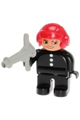 Male Duplo fireman with black legs, wearing a black top with 3 white buttons, and a red aviator helmet - 4555pb176