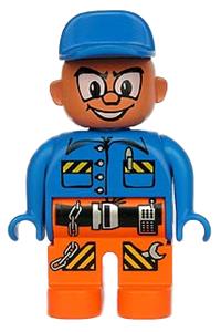 Duplo Figure, Male Action Wheeler, Orange Legs with Belt, Blue Top with Pen, Chain, Radio, and Wrench, Blue Cap 4555pb178