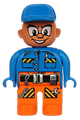 Male Duplo figure wearing orange legs with a belt, blue top with a pen, chain, radio, and wrench, and a blue cap - 4555pb178