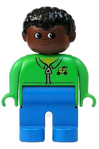 Duplo Figure, Male, Blue Legs, Green Zippered Jacket, Black Curly Hair, Brown Head 4555pb179